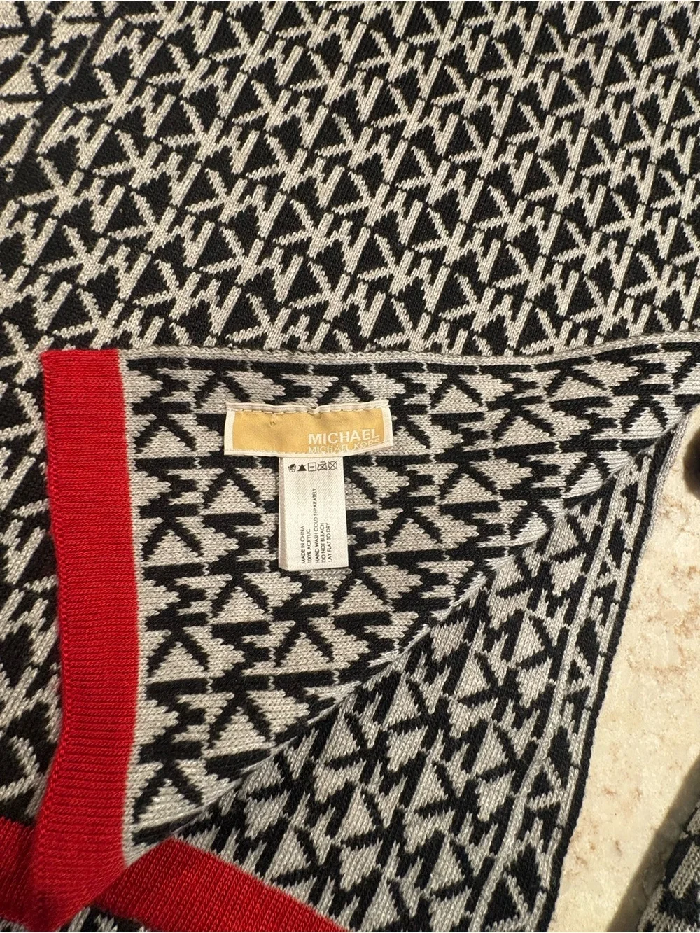 Michael Kors Black & White Logo Knit Hat, Scarf & Gloves Set with Red Trim